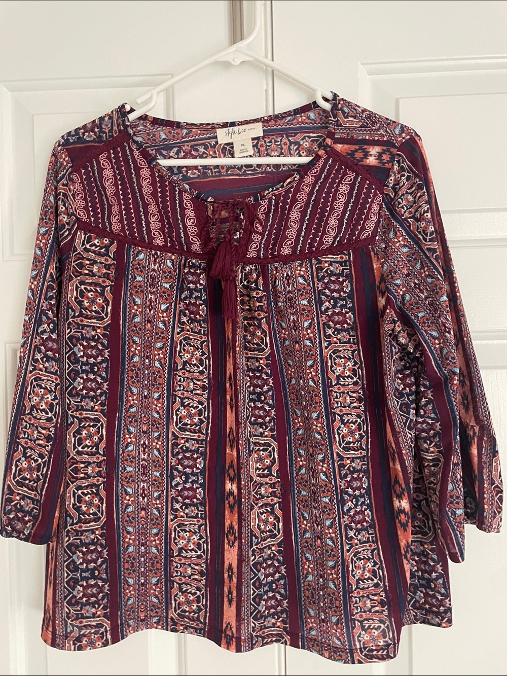 Style & Co. Burgundy Multi-Pattern Tassel Peasant Top
